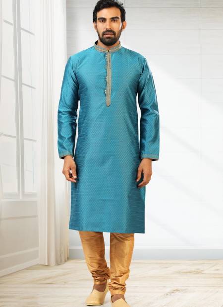 Sea Green New Design Jacquard Silk Brocade Festive Wear Latest Kurta Pajama Mens Collection 1219-1016
